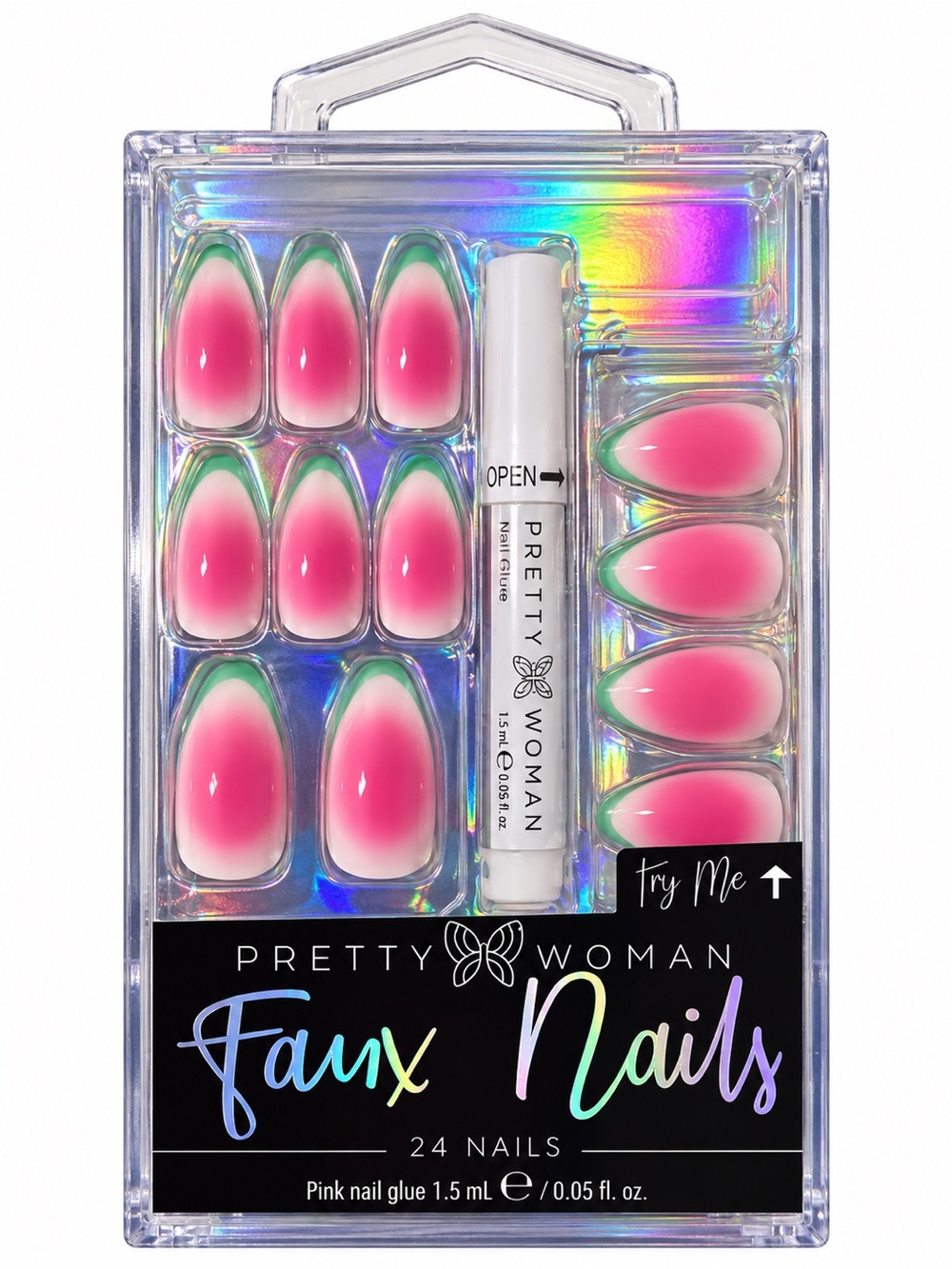 Pretty Woman Faux Nails Pink Ombre Mint Tip Almond Press-On Nail Set 24 Nails